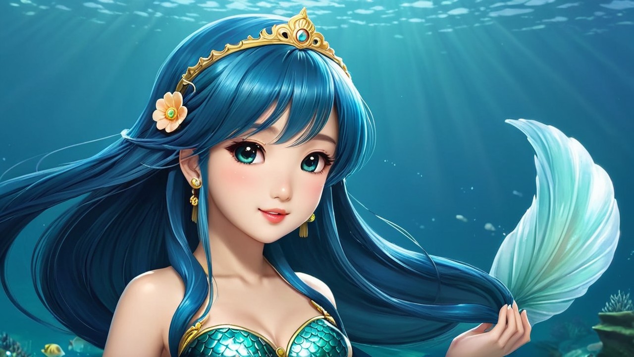 Mermaid with Blue Hair and Green Scales in Coral Reef