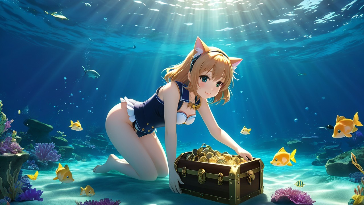 Underwater Scene with Cat-Eared Character and Treasure