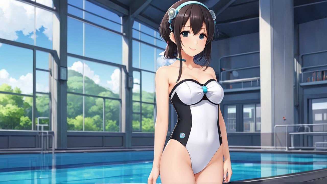 Young girl in stylish swimsuit by sunny poolside