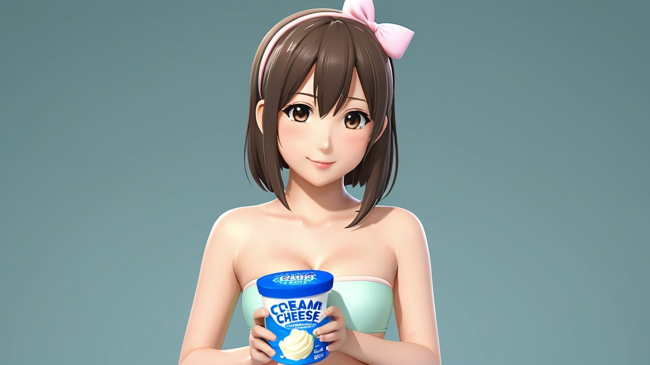 Young woman with cream cheese and cheerful expression