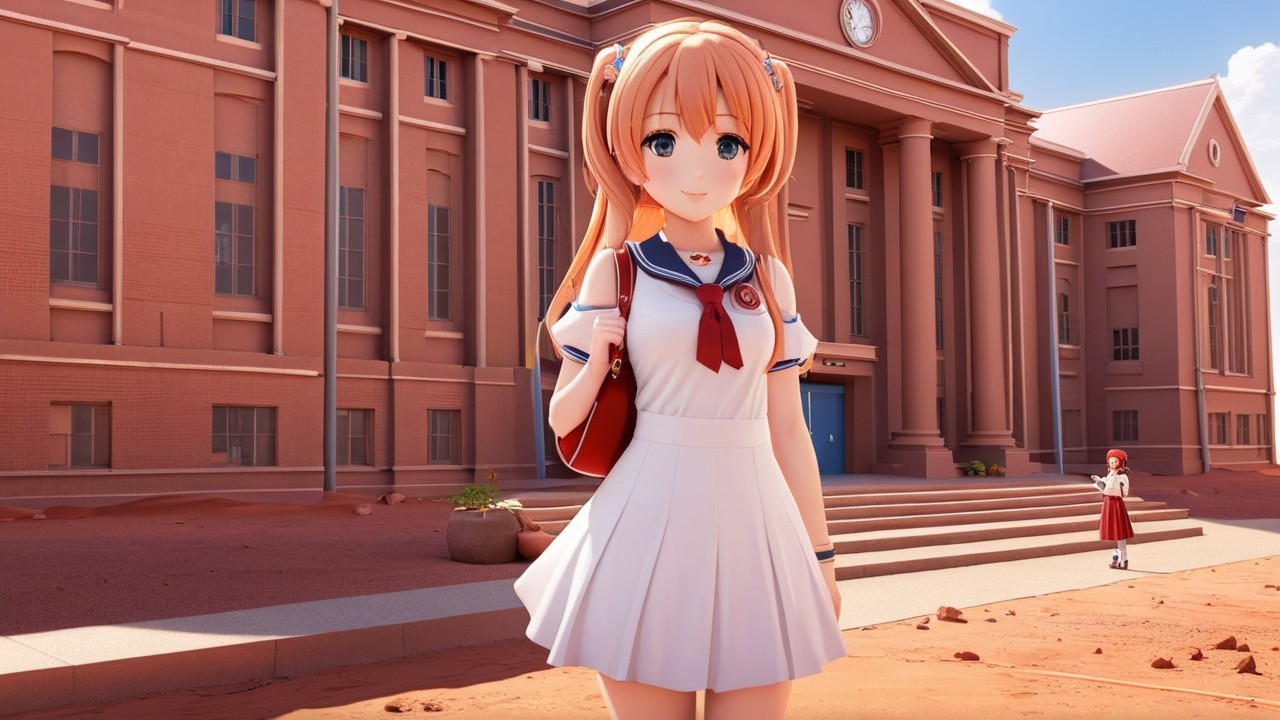 Cheerful Anime Character in School Outfit by Building