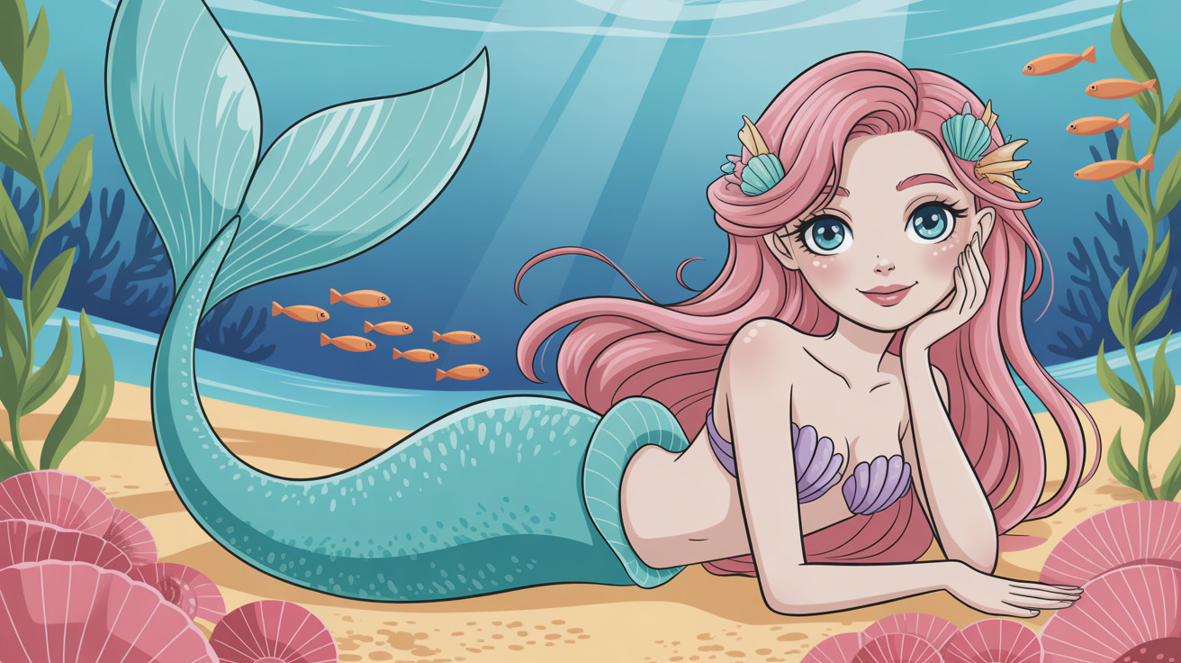 Cartoon Mermaid on Sandy Ocean Floor with Fish and Coral
