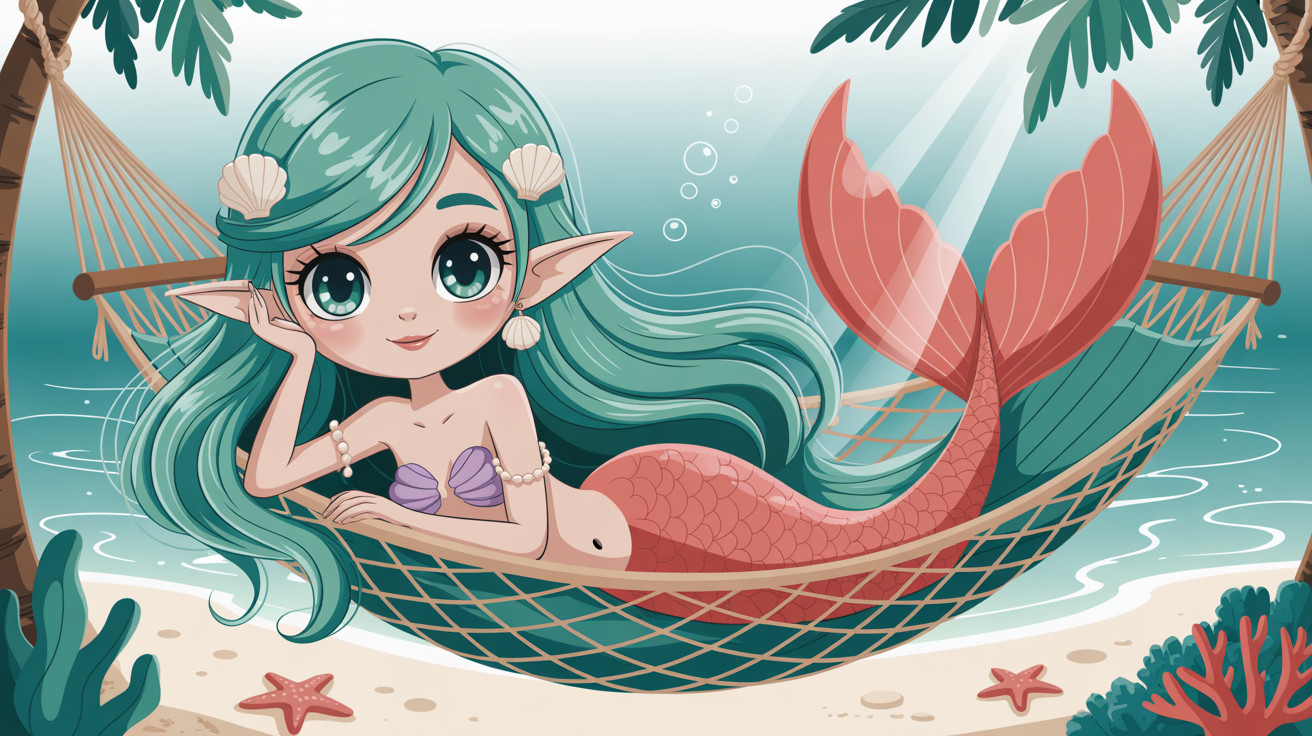 Chibified Mermaid in Hammock on Beach Scene
