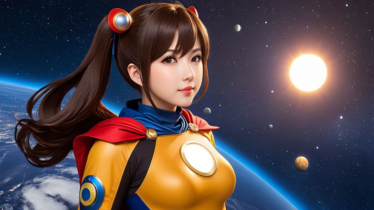 Young woman in vibrant superhero costume against cosmic backdrop