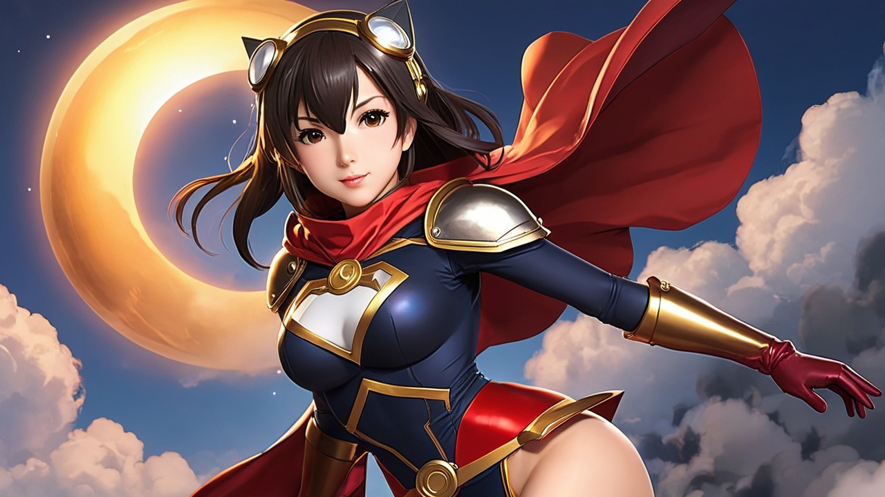 Superheroine with Red Cape and Moonlit Background