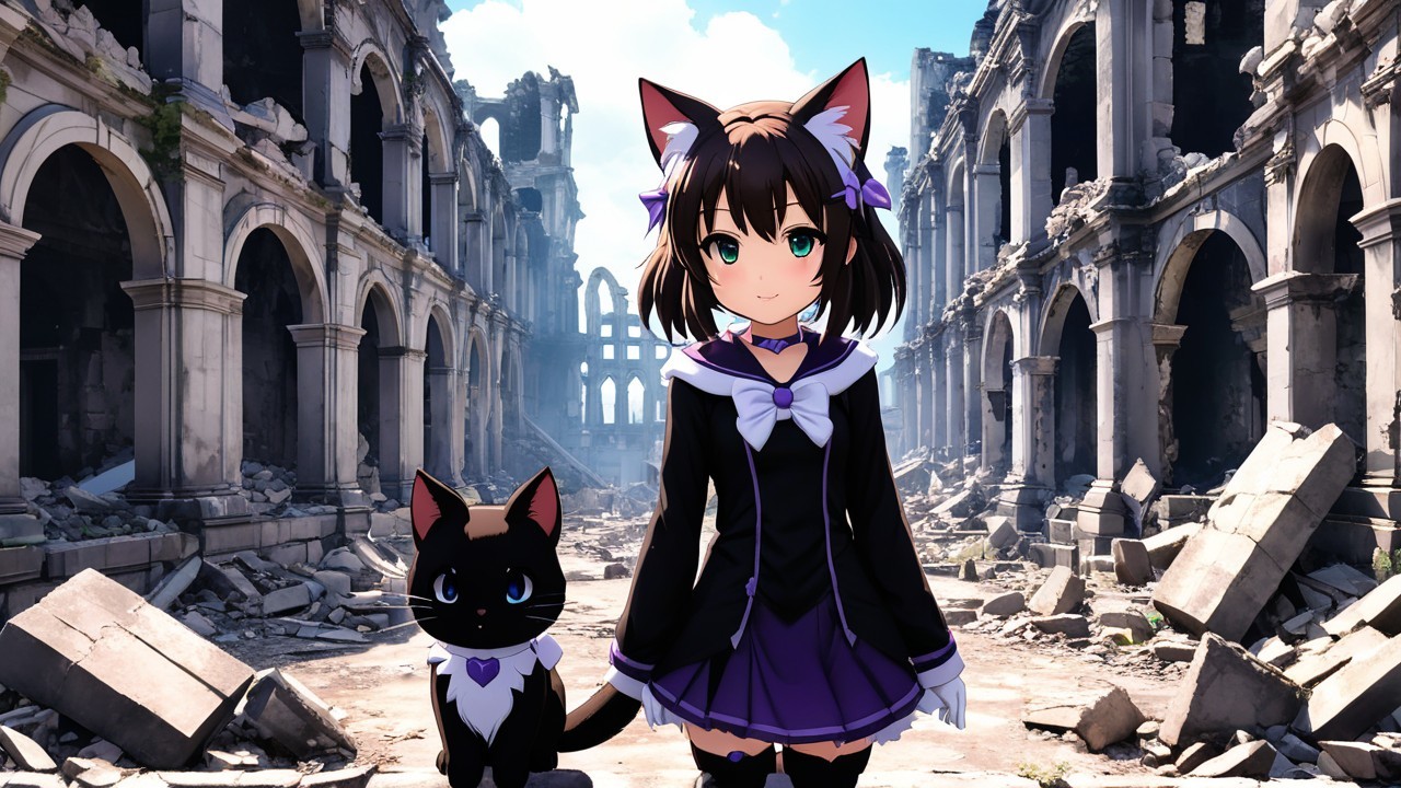 Character with Cat Features in Ruined Landscape