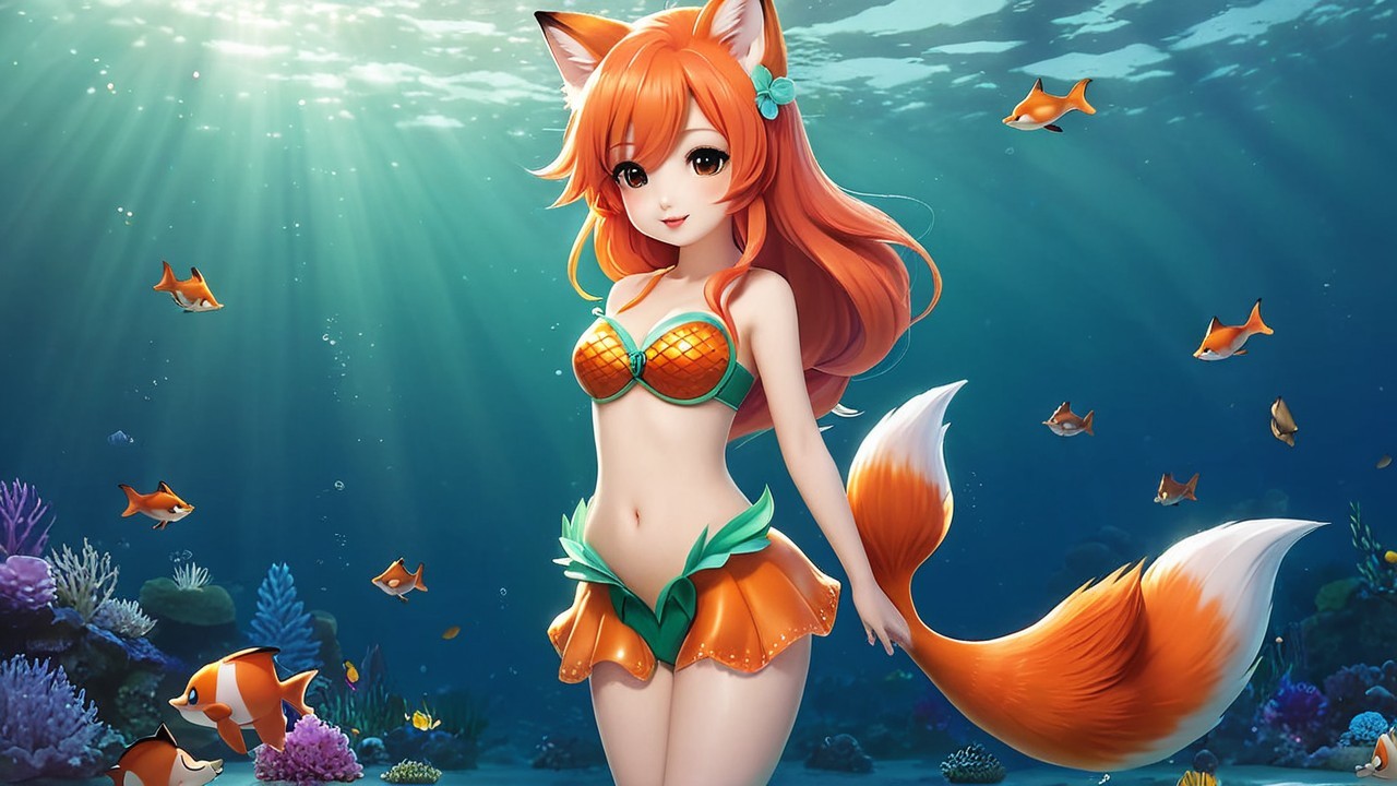 Vibrant Underwater Scene with Fox-like Character