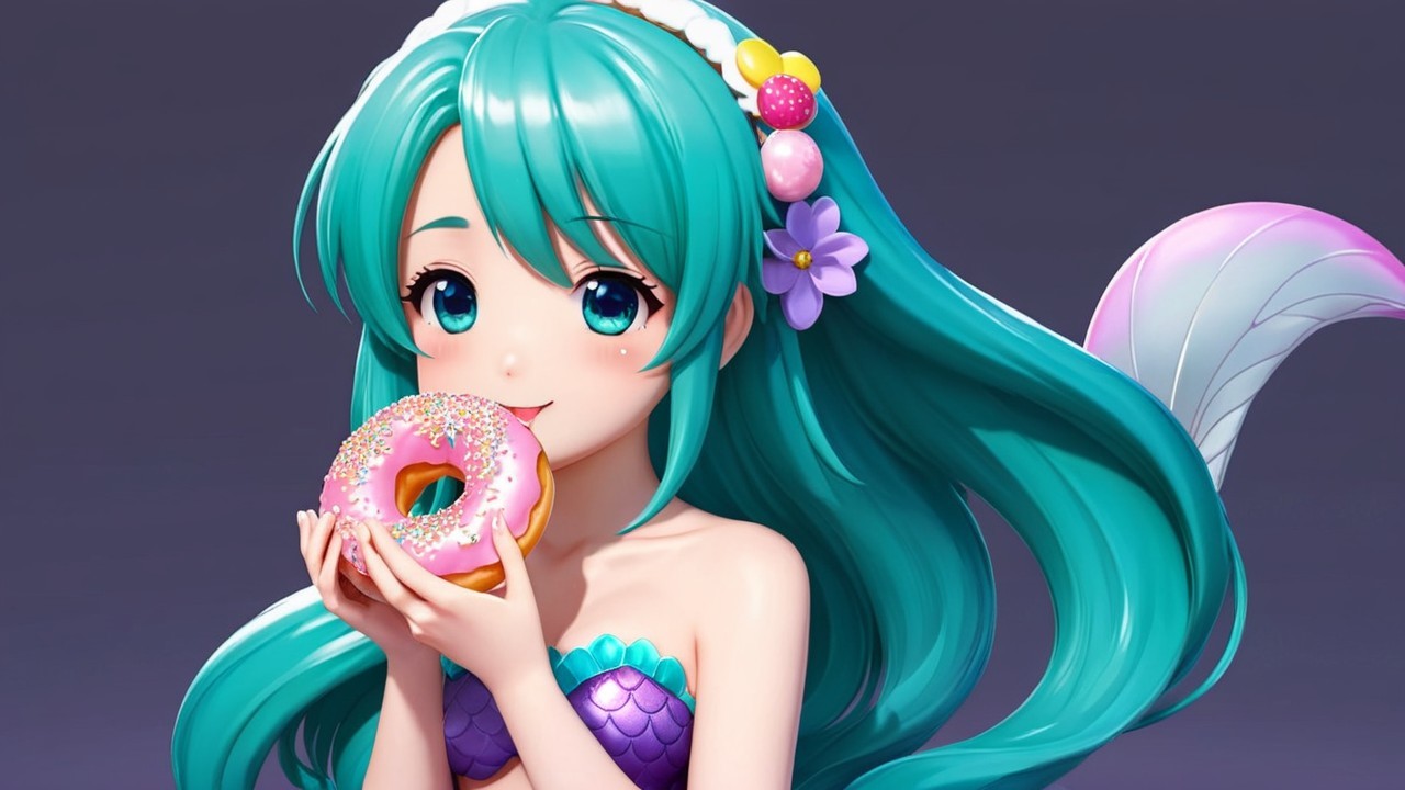 Vibrant animated character with teal hair and donut
