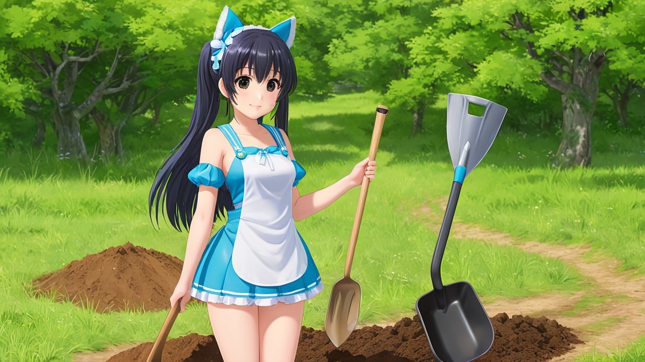 Cheerful girl in park with shovel and spade