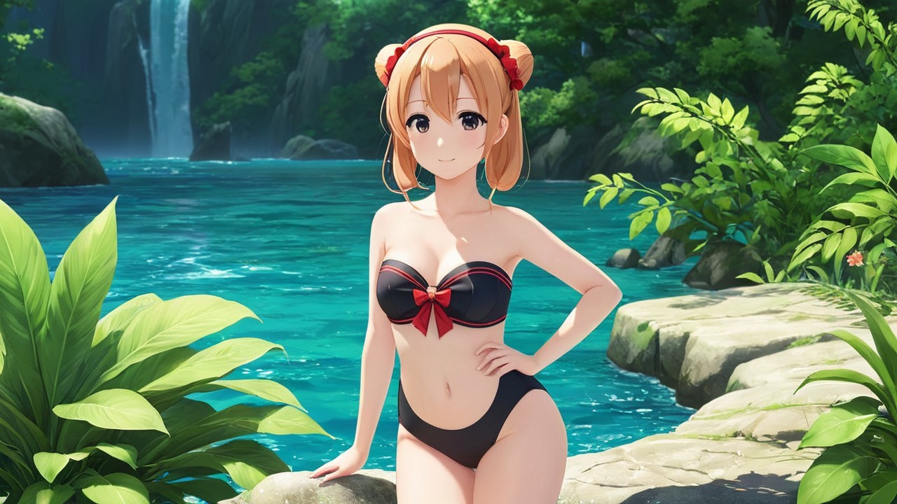 Cheerful anime girl by tranquil turquoise pool