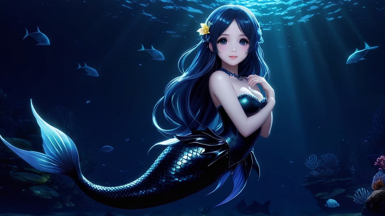 Mermaid Swimming in a Vibrant Underwater Scene