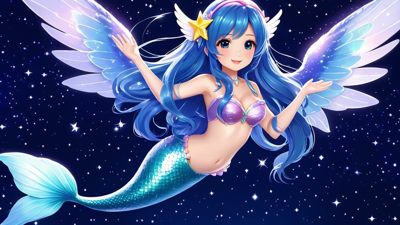 Whimsical Mermaid with Blue Hair in Starry Sky