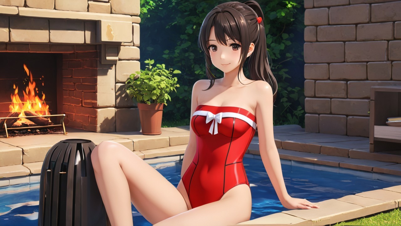 Young Woman in Red Swimsuit by Sparkling Pool