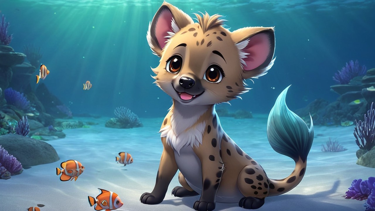 Cartoon Hyena Pup in Vibrant Underwater Scene