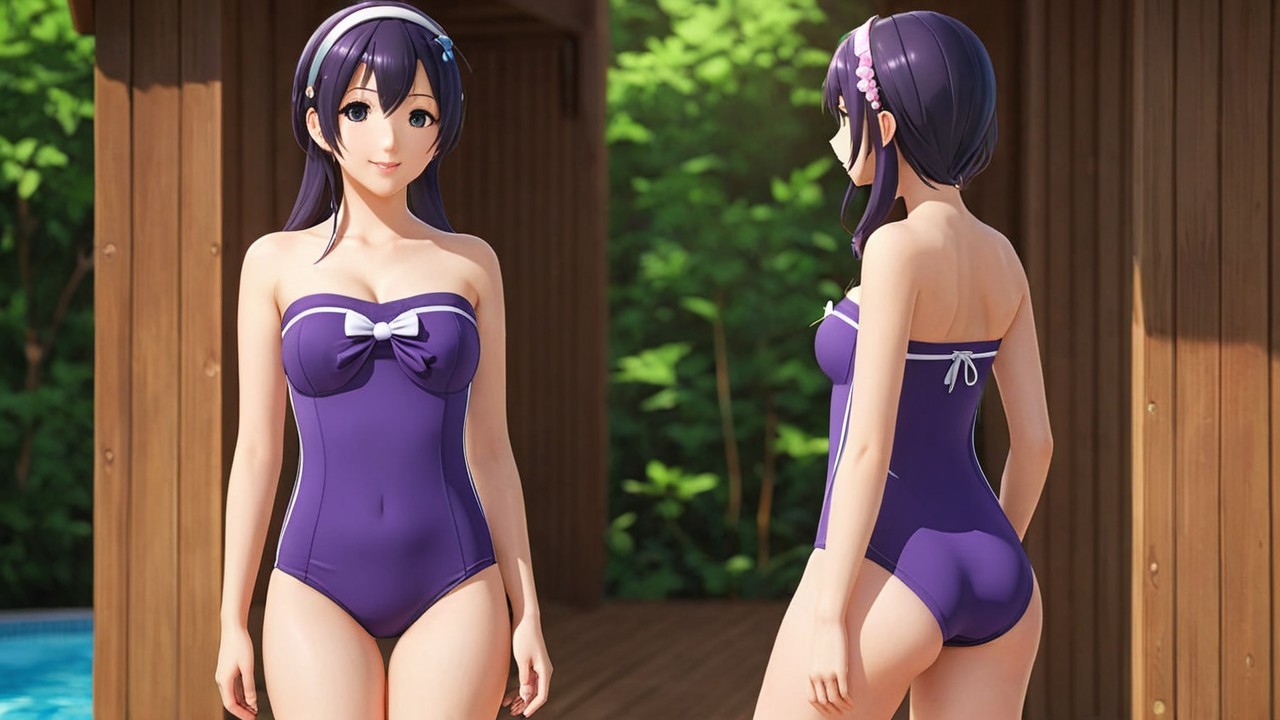 Young Woman in Elegant Purple Swimsuit Outdoors