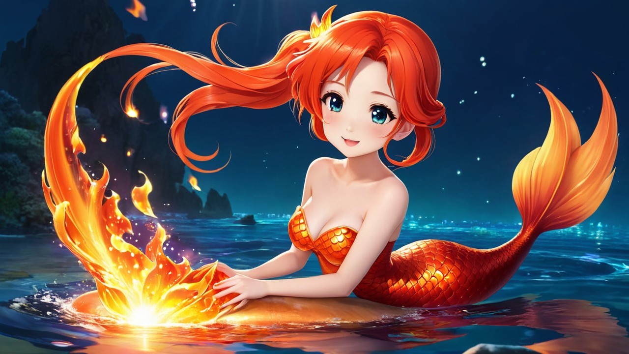 Vibrant Anime-Inspired Mermaid on Serene Shoreline