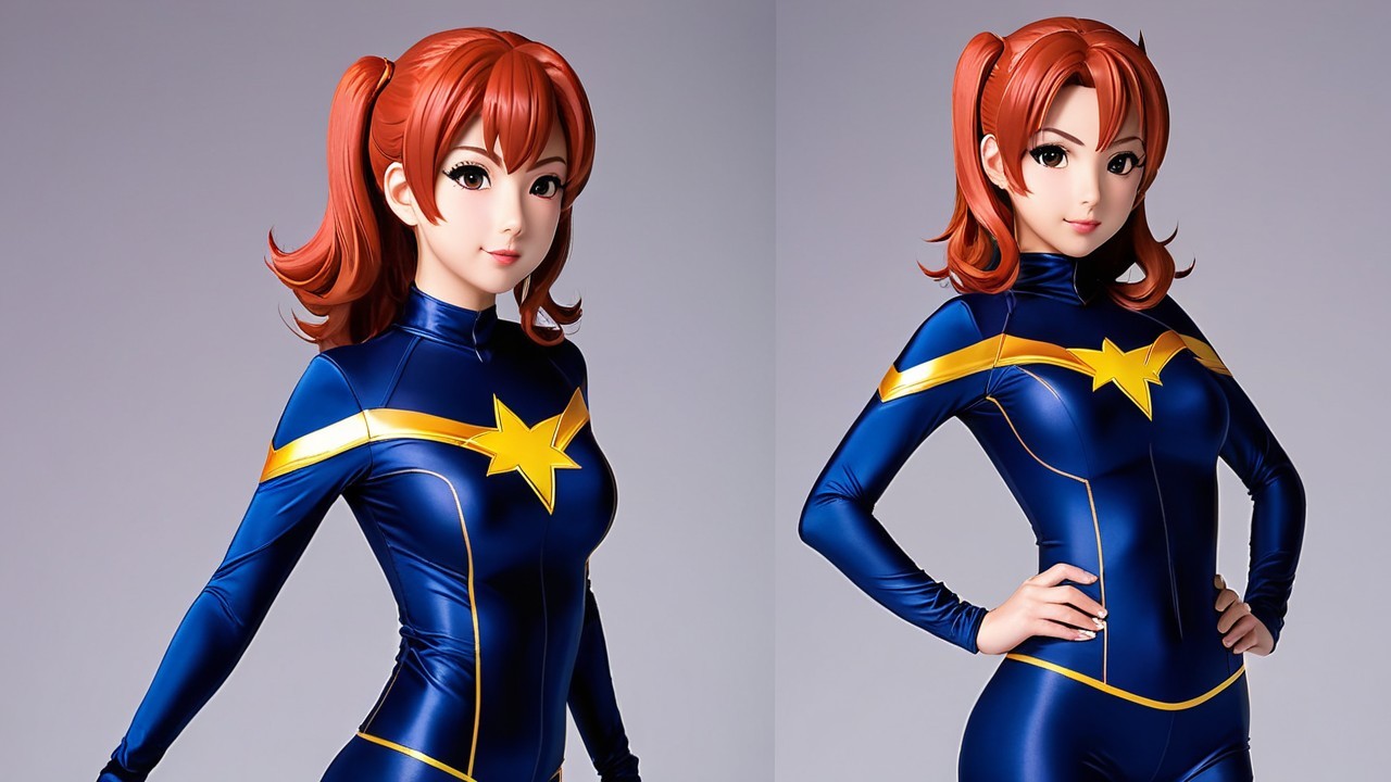 Stylized female character in blue and gold bodysuit