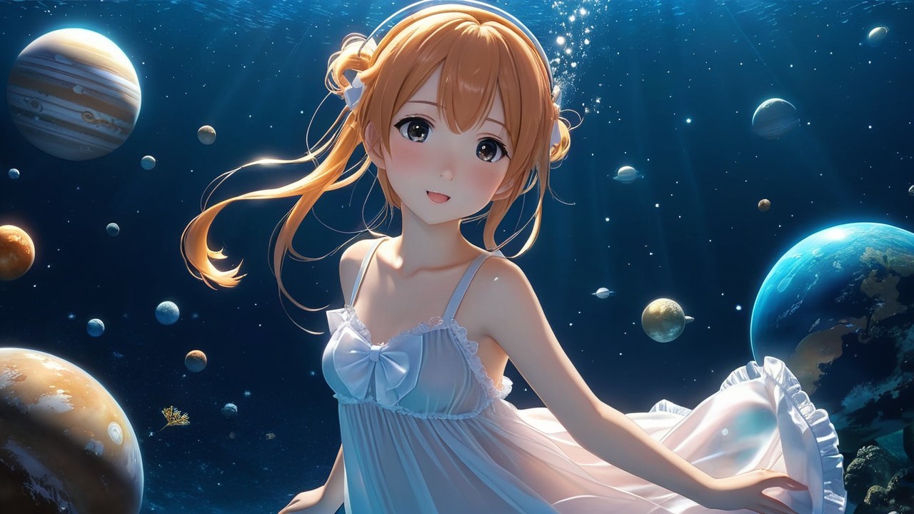 Young girl in cosmic underwater scene with glowing planets