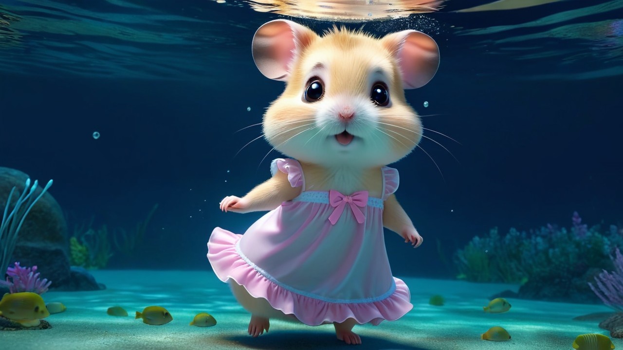 Cartoon Hamster in Pink Dress Swimming Underwater