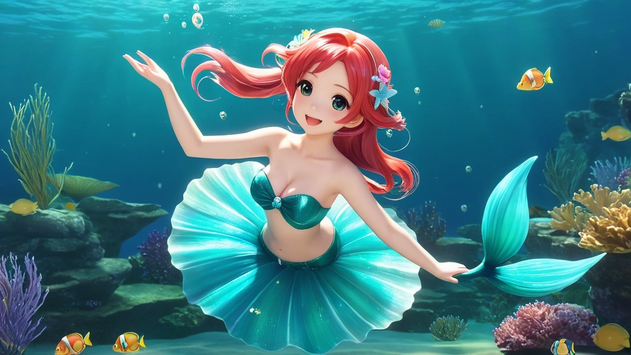 Vibrant Underwater Scene with Cheerful Mermaid