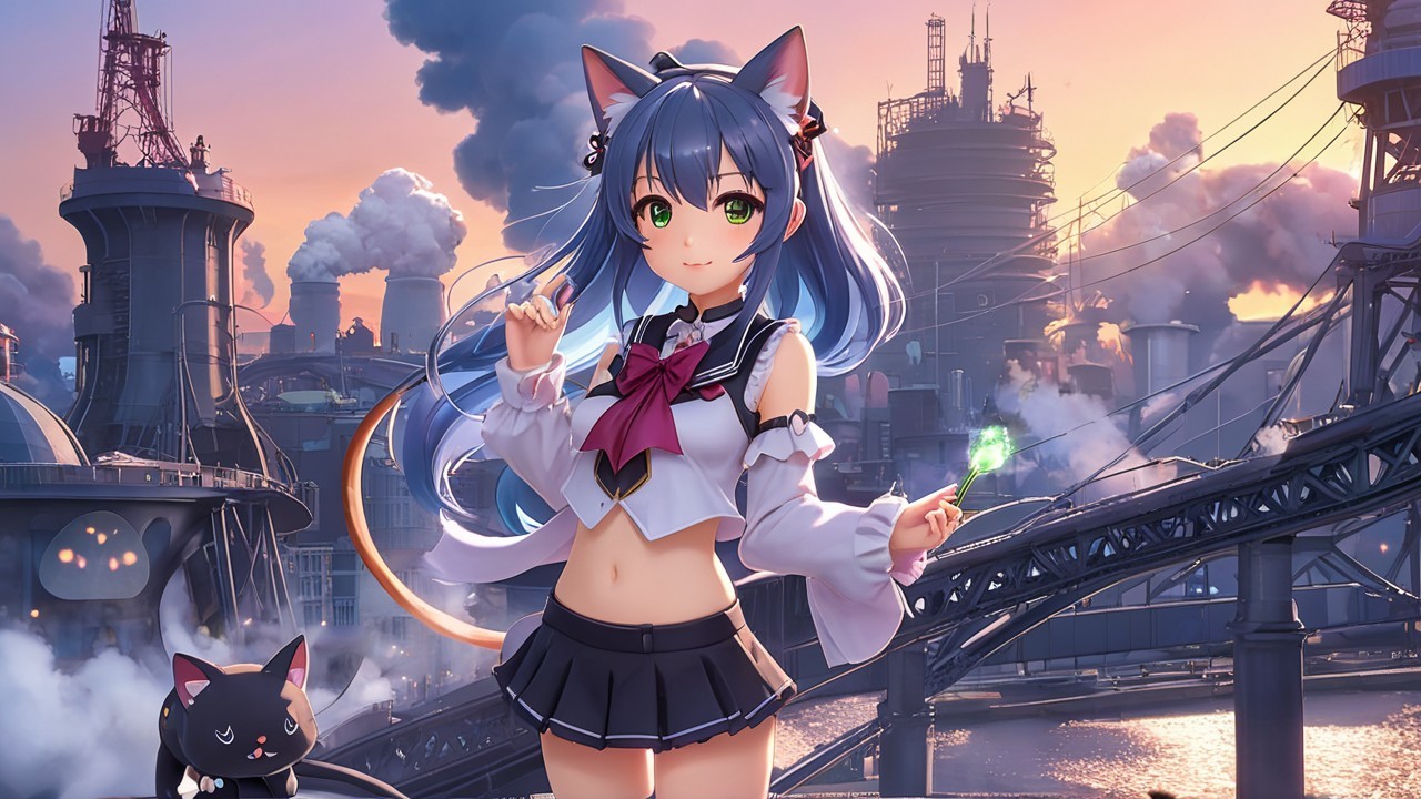 Futuristic Scene with Young Girl and Black Cat