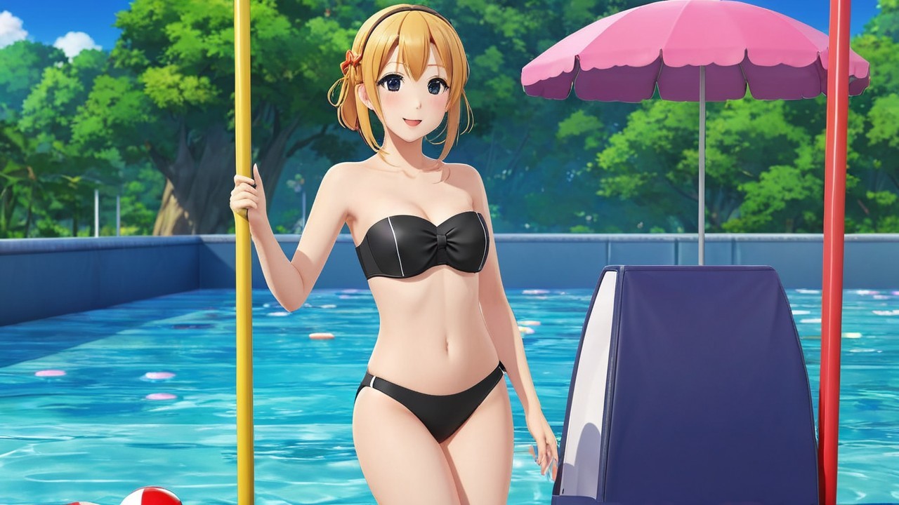 Young woman in black bikini by vibrant swimming pool