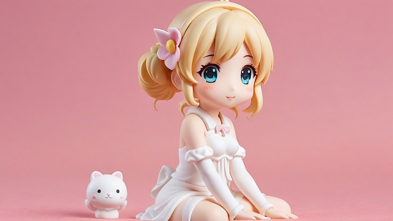 Young girl with blonde curls and white dress on pink background