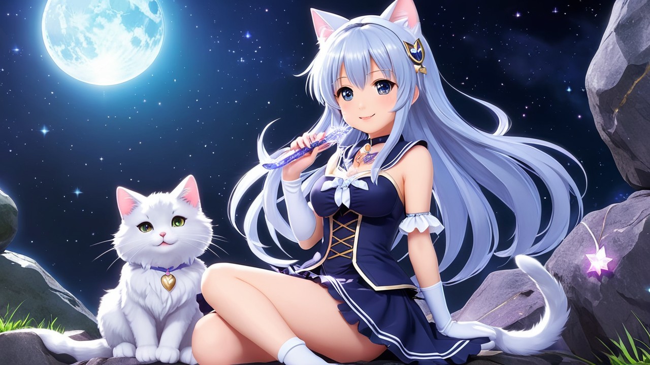 Fantasy Scene of a Girl with Cat Ears and Moonlit Sky