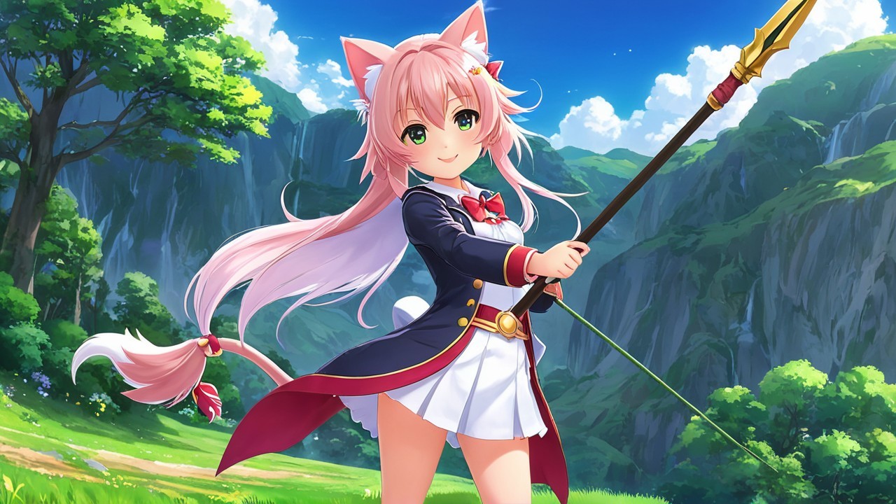 Cheerful Anime Character in Vibrant Fantasy Landscape