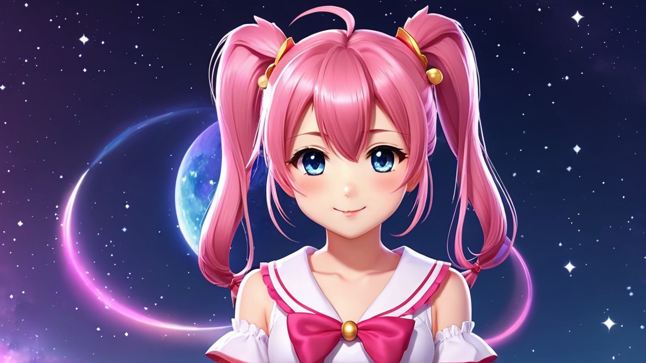Animated Character with Pink Hair and Starry Background