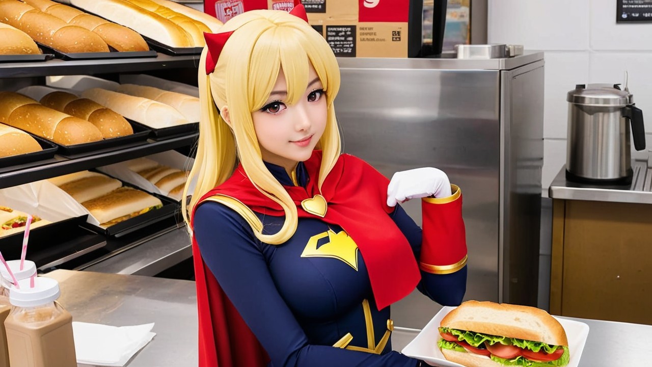 Superhero Character in Fast-Food Setting with Sandwich