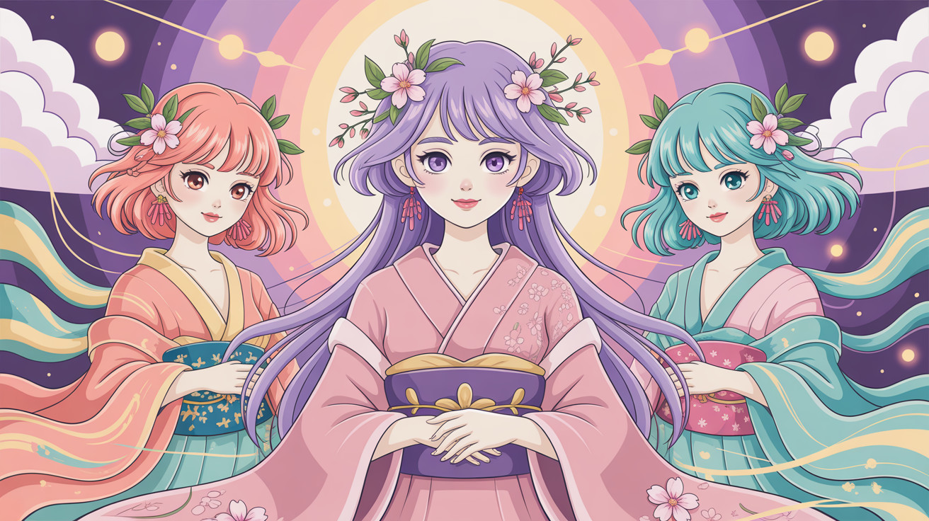 Anime Women in Kimonos with Cherry Blossom Accents