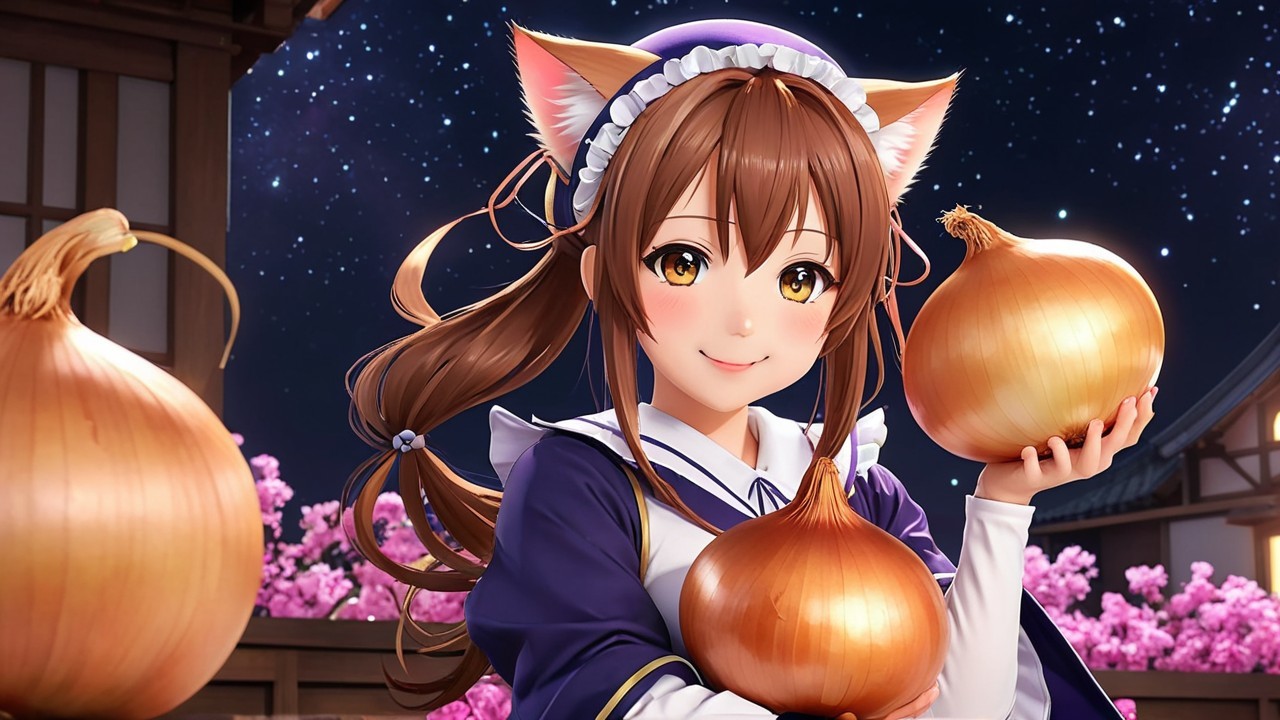 Anime Character with Cat Ears and Onions in Cherry Blossoms
