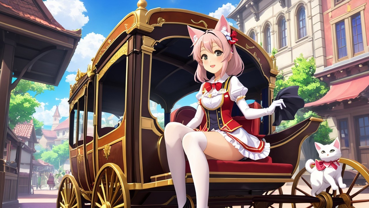 Cheerful Girl in Festive Outfit in Luxurious Carriage