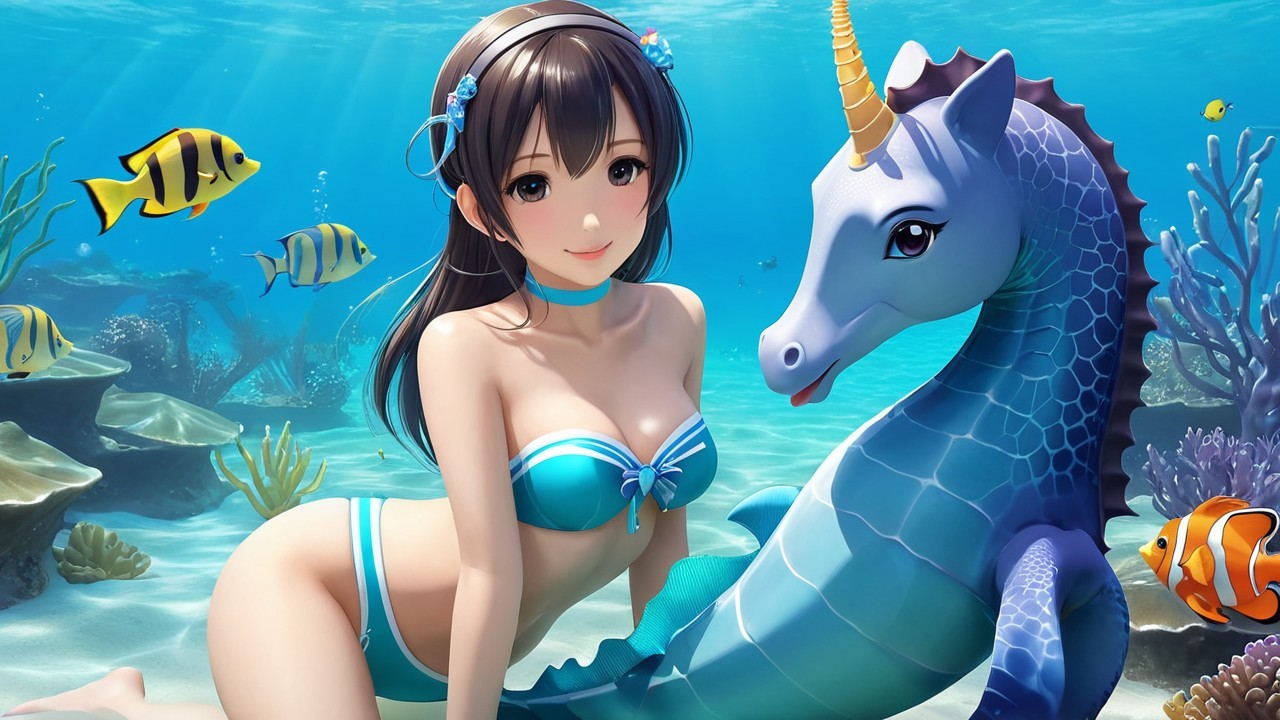 Underwater Scene with Woman, Seahorse, and Coral Reefs