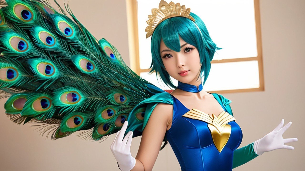 Woman in Vibrant Peacock-Inspired Costume
