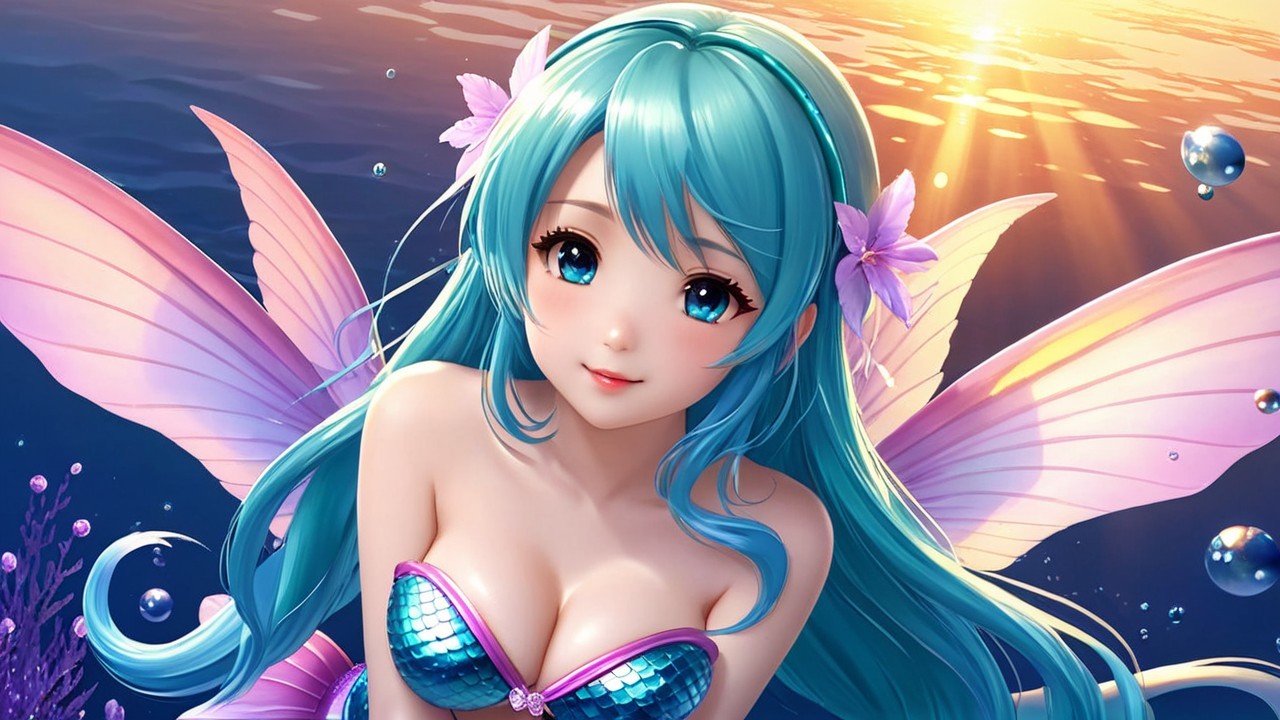 Stylized mermaid with turquoise hair in ocean setting