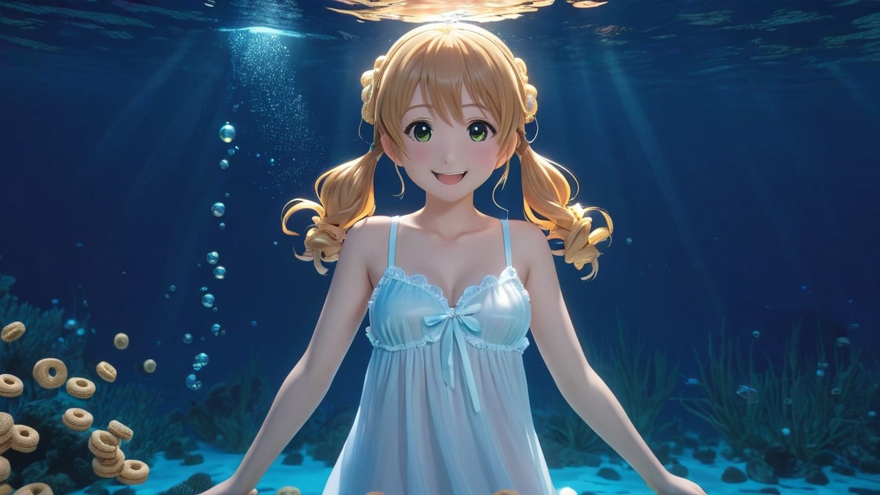 Underwater Scene of a Smiling Young Girl with Cheerios