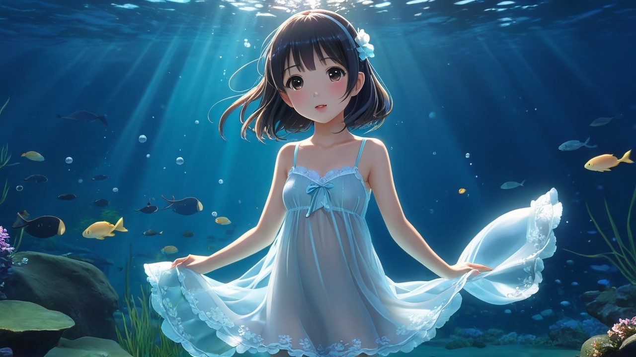 Young girl in blue dress underwater with fish and coral