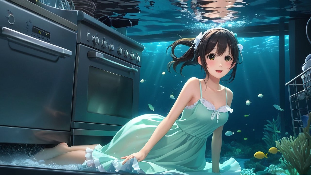 Underwater Kitchen Scene with Girl in Green Dress
