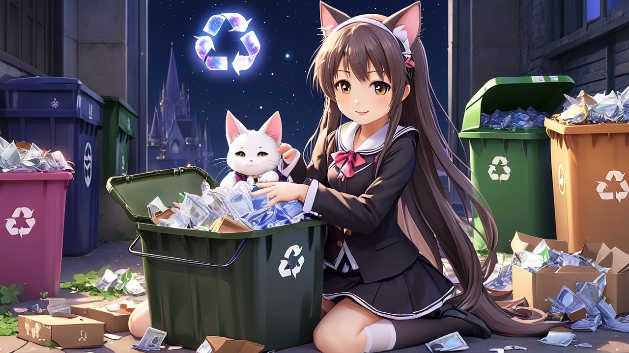 Whimsical Scene of Girl and Cat in Recycling Adventure