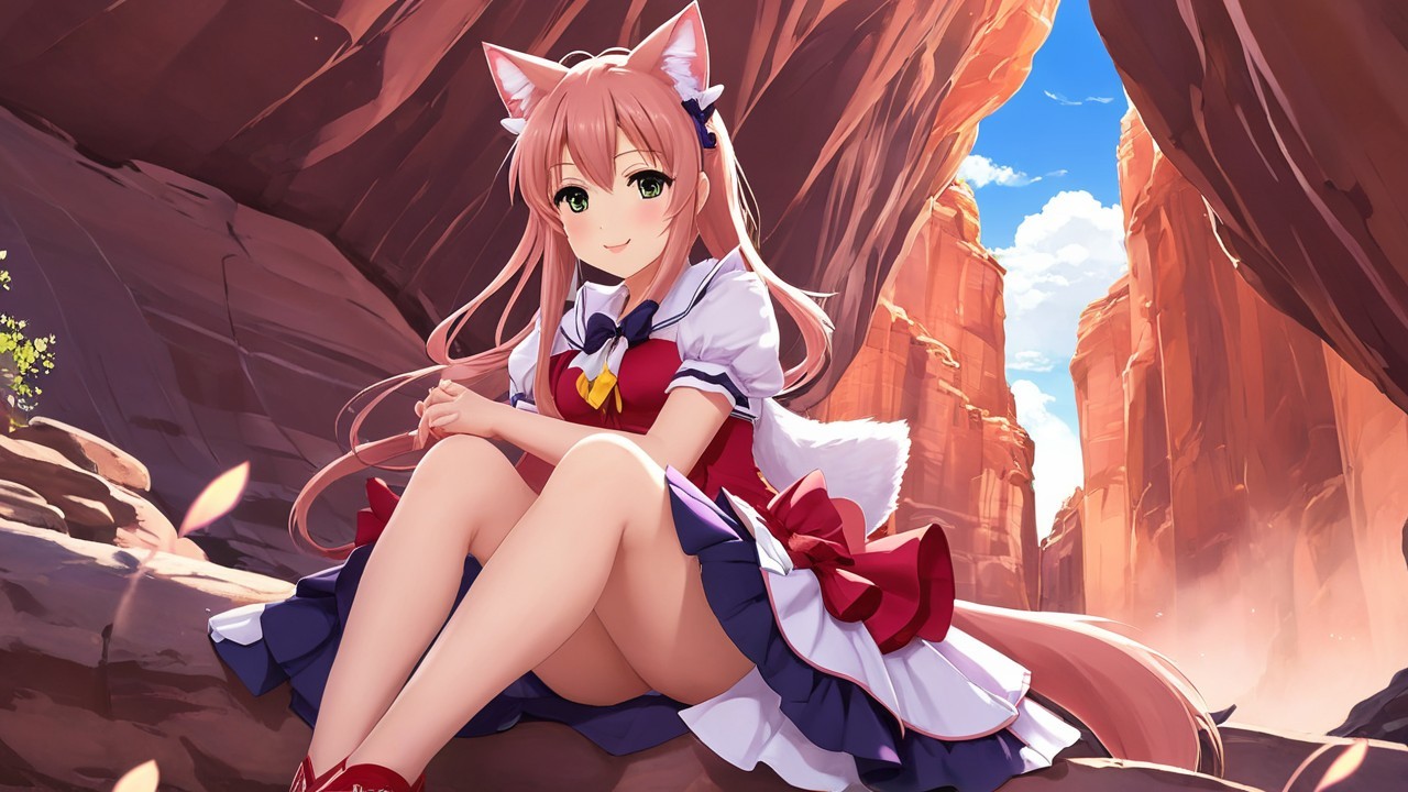 Anime girl with cat ears in a canyon setting