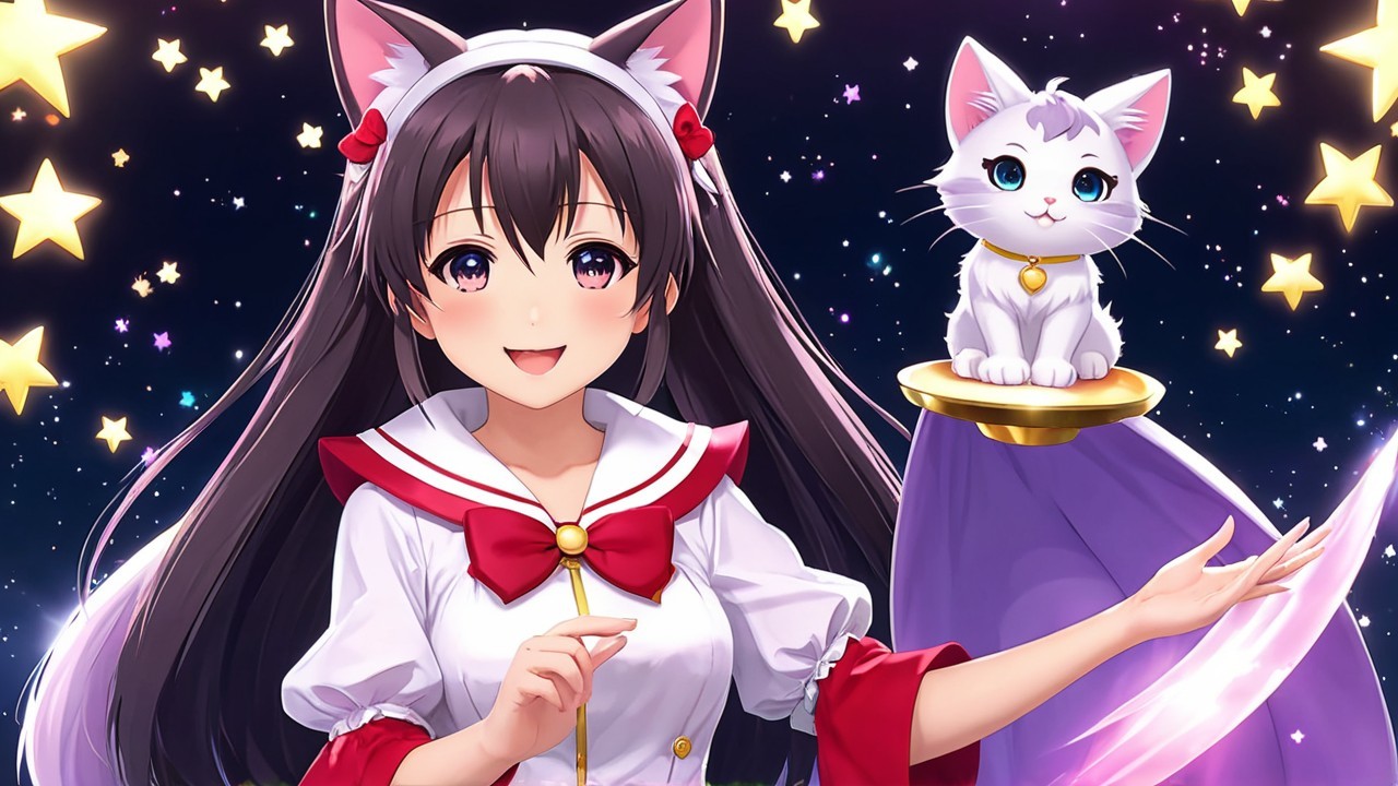 Cheerful anime girl with cat ears and fluffy white cat