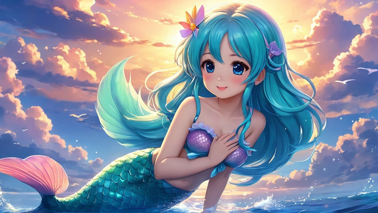 Mermaid with Turquoise Hair in Serene Ocean Setting