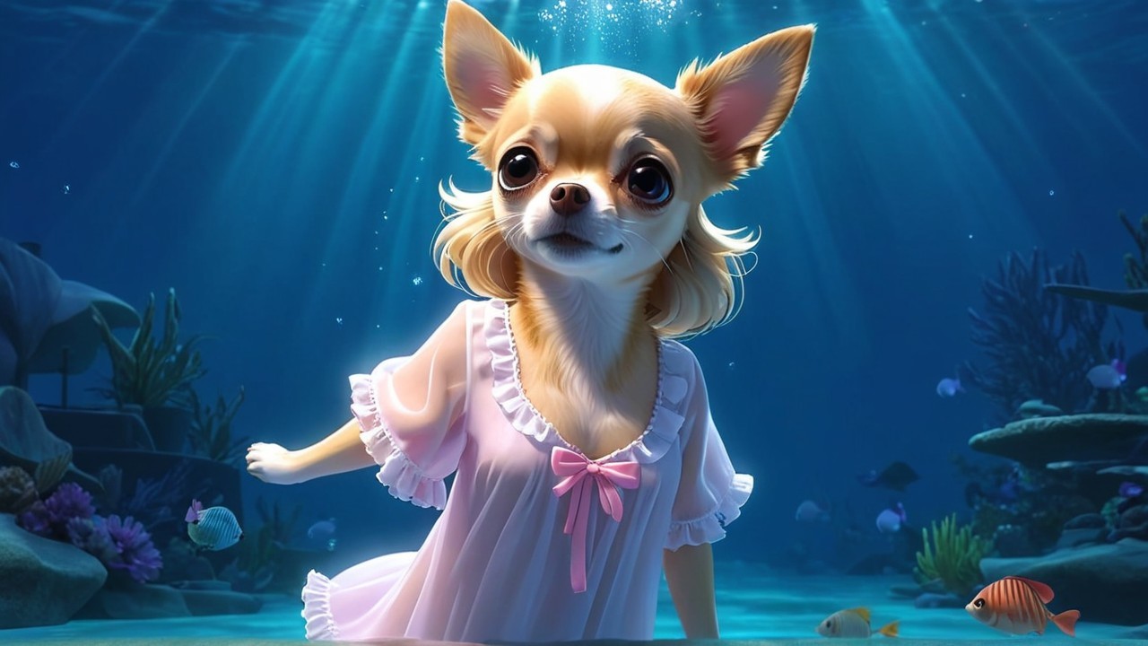 Underwater Scene with Chihuahua in Pink Nightgown
