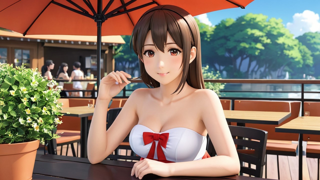 Young woman in white dress at outdoor café table