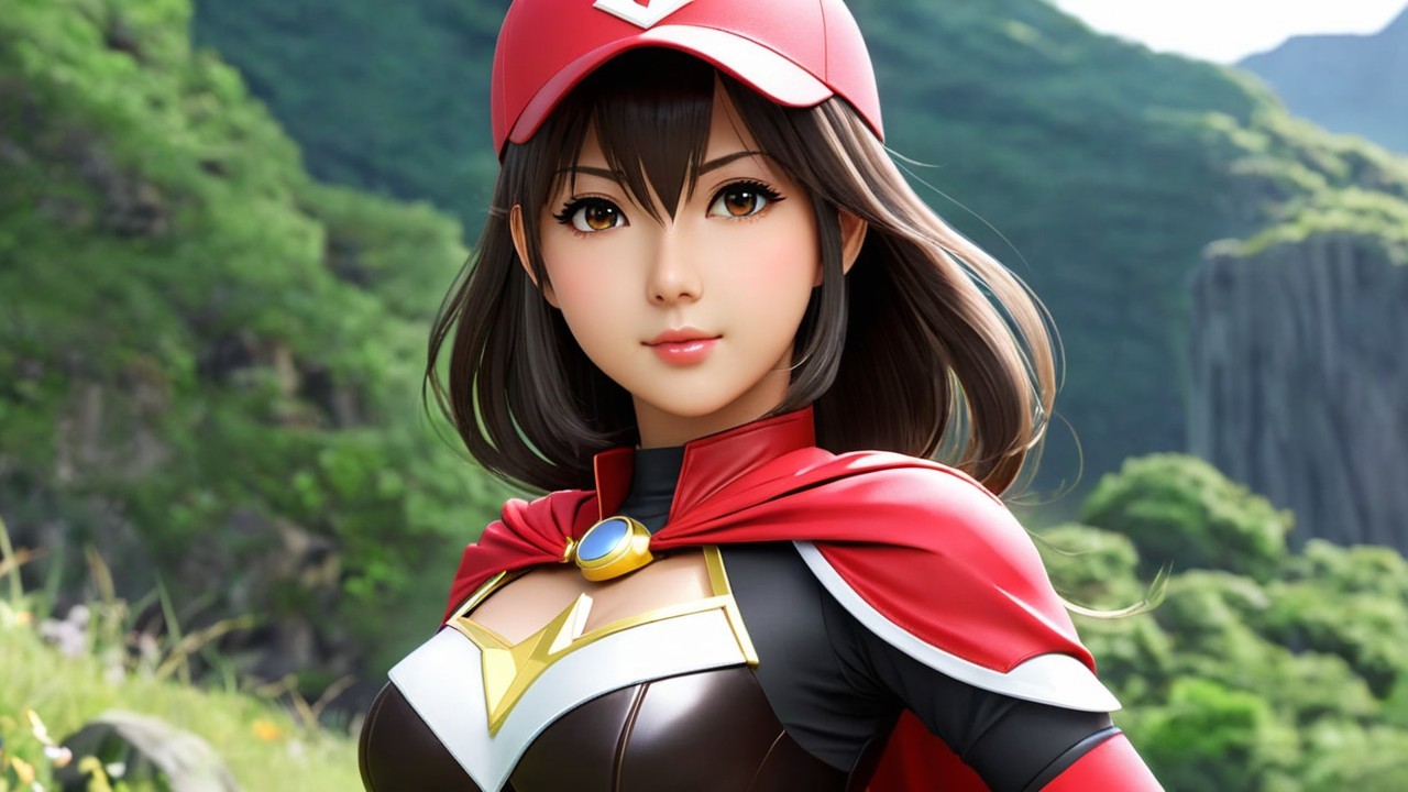 Female Character in Red Cap and Cape in Green Landscape
