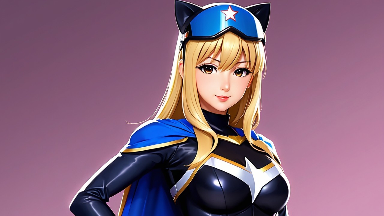 Female superhero in black and blue costume with cape