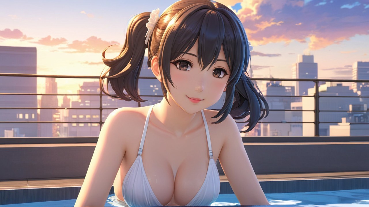 Young woman in pigtails by rooftop pool at sunset