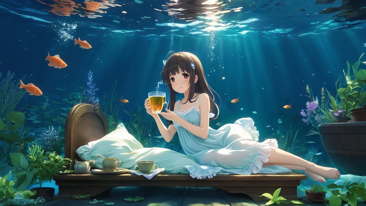 Underwater Scene of Girl with Goldfish and Sunlight